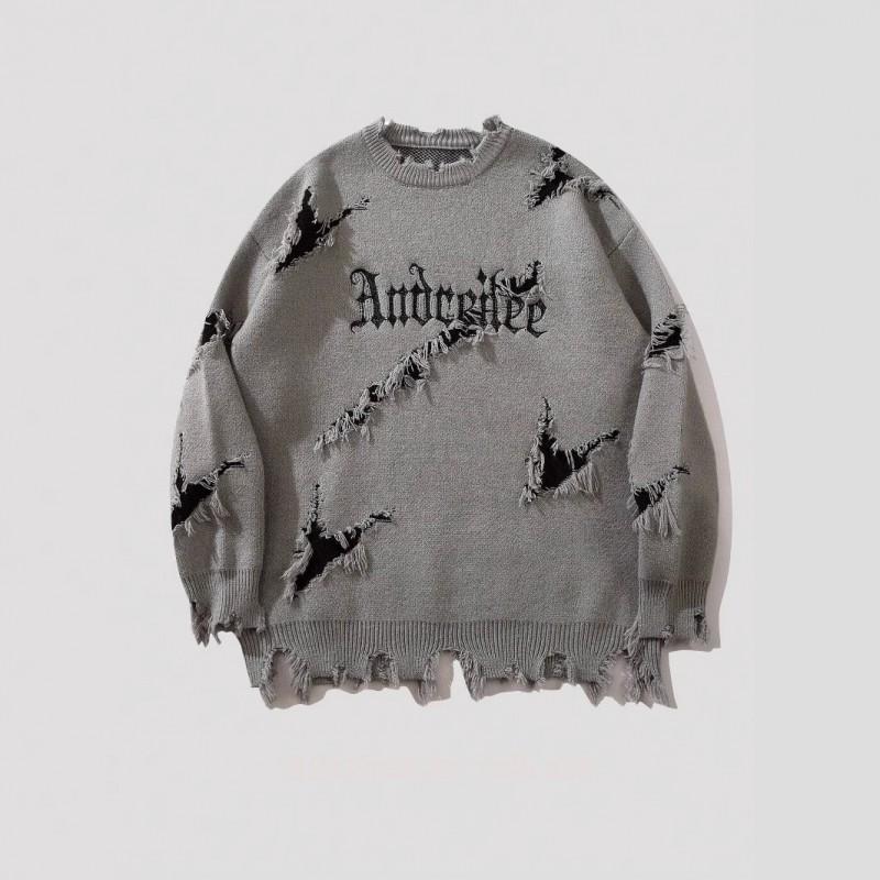 Unisex Oversized Streetwear Sweater Vintage Jacquard Distressed Crewneck Long Sleeve