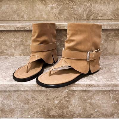 Модные римские ботинки-локомотивы, женские, с круглым носком, обрезанным носком, металлической пряжкой, мягкой подошвой, противоскользящие, износостойкие, плоские сандалии