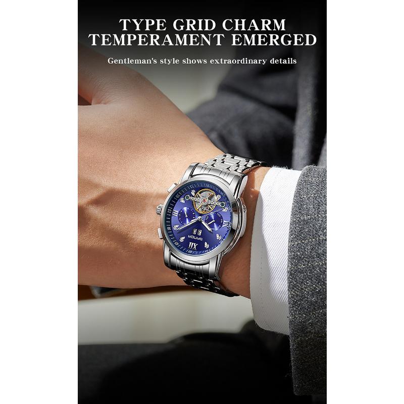 SANDA Новый продукт, мужские автоматические механические часы со стальным ремешком, кварцевые модные полые мужские часы