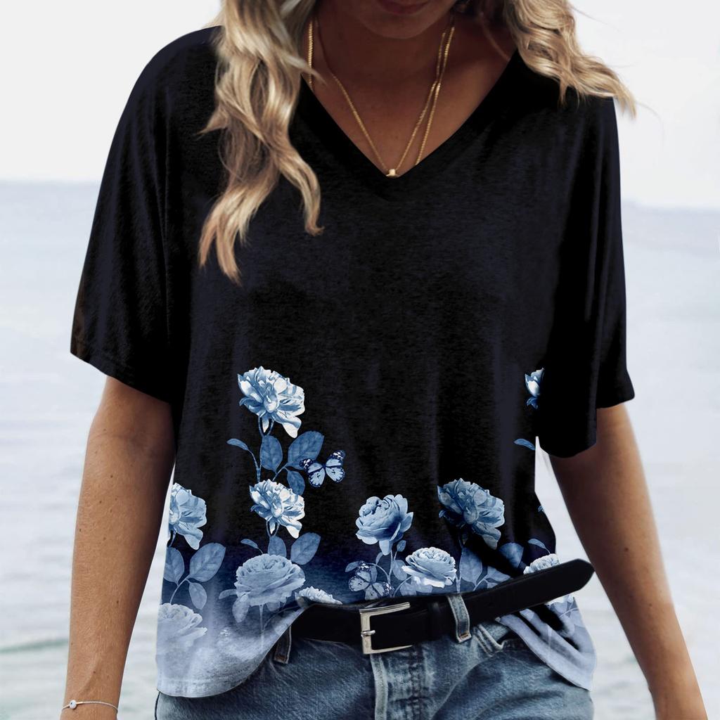 Women's Fashion Casual Print V-neck Short Sleeves Printed T-shirt