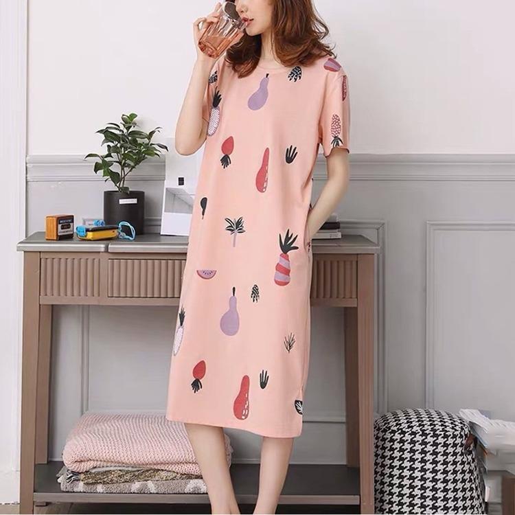 Пижамное платье с короткими рукавами с мультяшным принтом, женская полосатая мешковатая повседневная ночная рубашка с круглым вырезом