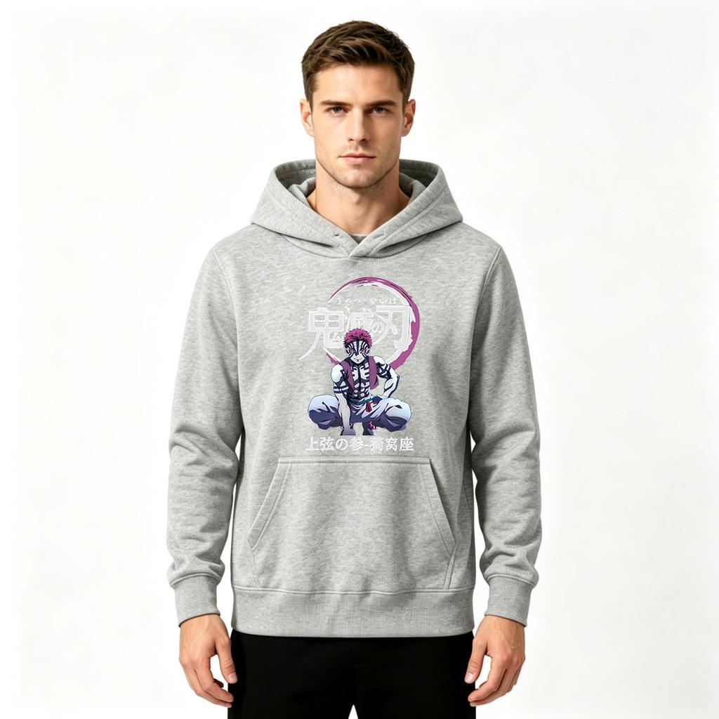 Men Demon Anime Akaza Printed Pullover Hoodie Casual Long Sleeve Sweatshirt
