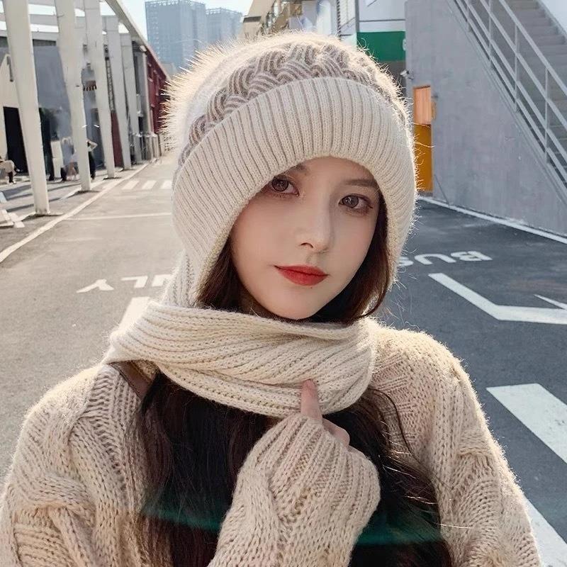 Hat and Scarf Integrated Winter Warm Thickened Knitted Wool Hat Two-piece Set Ear Protector Fleece Cold-proof Scarf