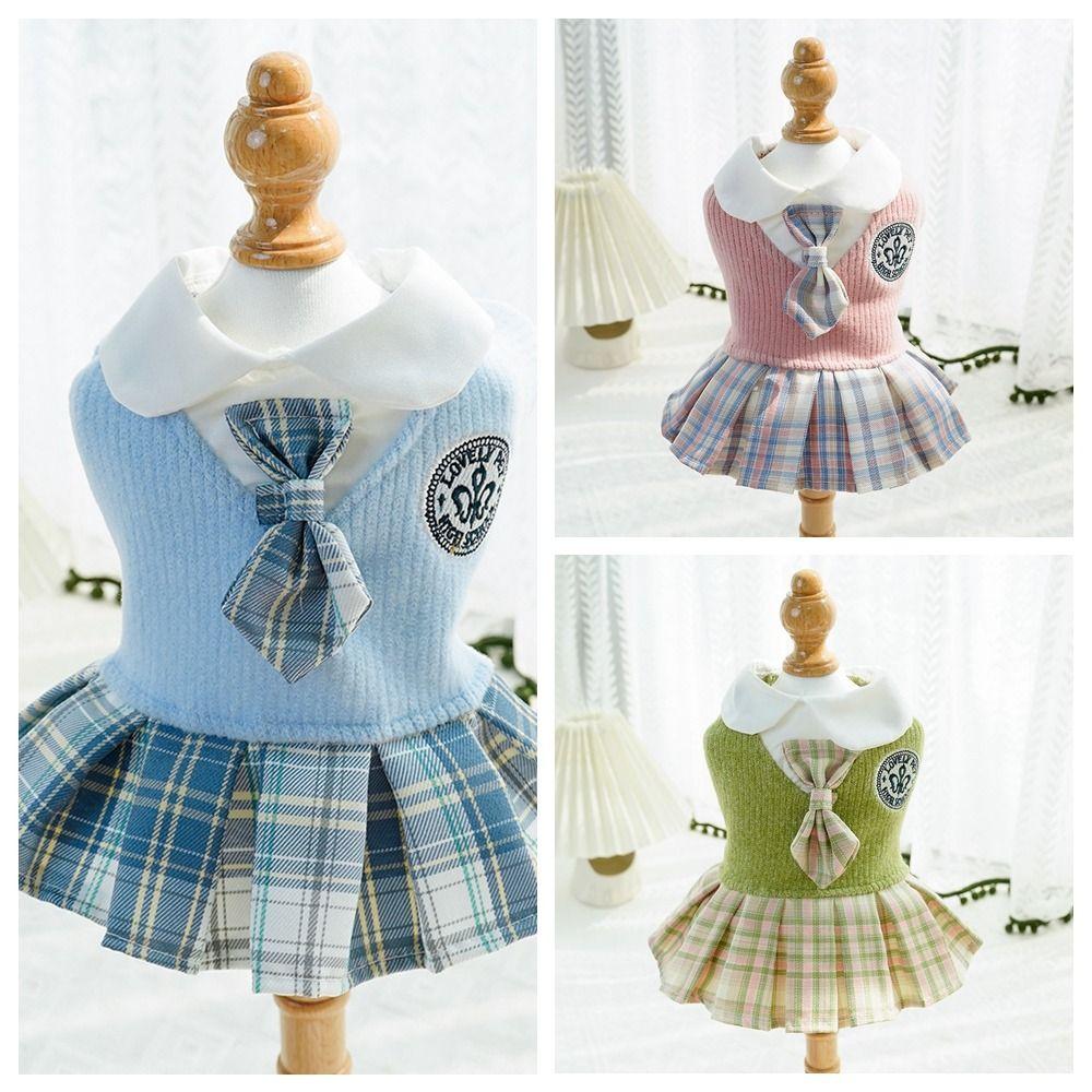 Knitted Cat Clothes Comfortable Design Dog Dress Thicken Pet JK Plaid Skirt  Small Medium Dogs