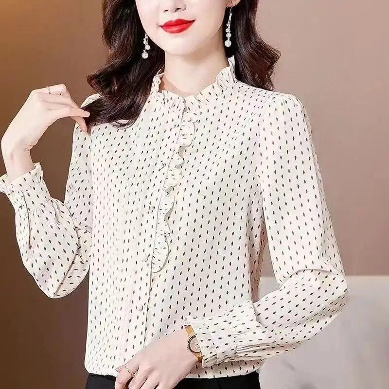 M-4XL Simulated Silk Shirt Women's Spring Autumn New Long Sleeved Top French Ruffled Stand Collar Printed Bottoming Shirt
