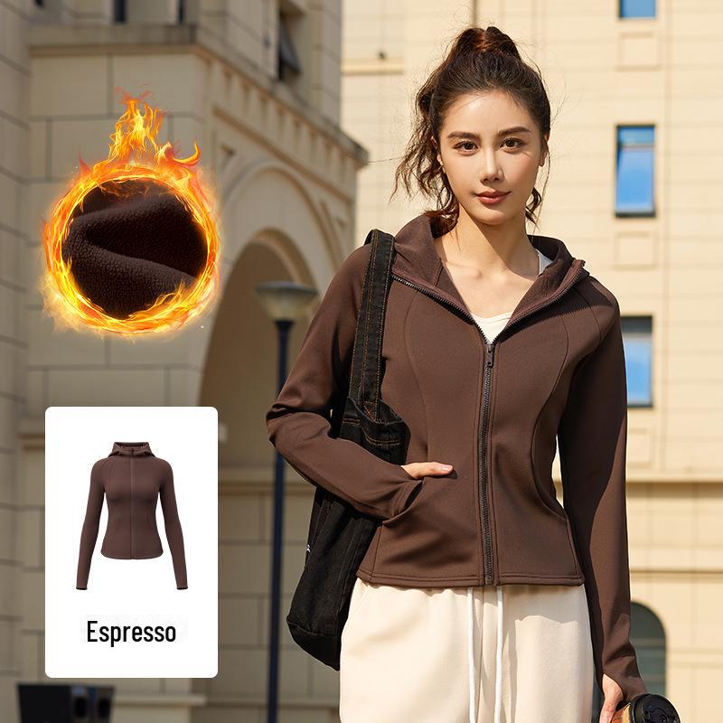 Juyitang осень/зима бархатный толстый приталенный кардиган на молнии: Ветрозащитная спортивная куртка с капюшоном для занятий йогой на открытом воздухе.