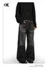 Unisex Retro Black Straight-Leg Whisker-Wash Jeans with Clean Fit and Slight Flare
