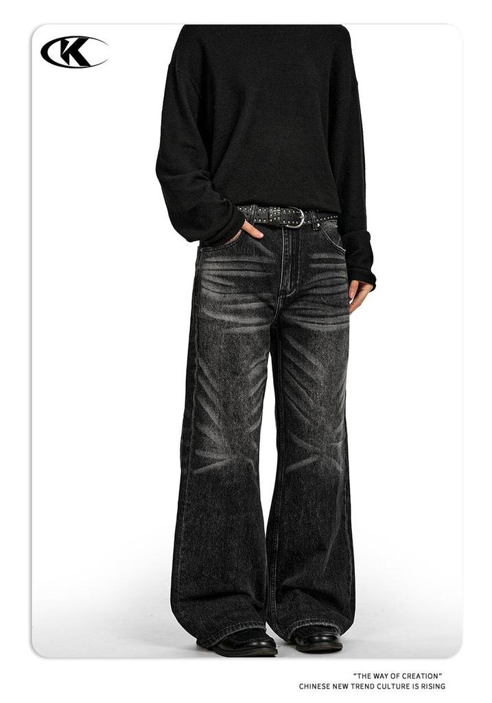 Unisex Retro Black Straight-Leg Whisker-Wash Jeans with Clean Fit and Slight Flare