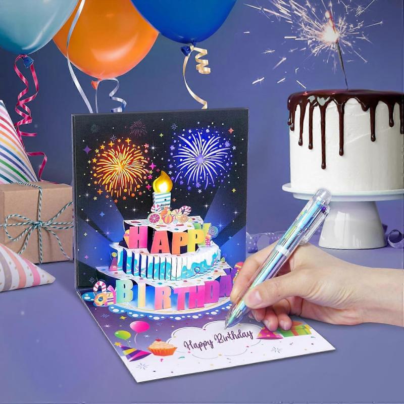 Birthday Cards Fireworks Pop Up Cake Blowable Light and Music Happy Birthday Card Gifts for Women Men Mom Kids less