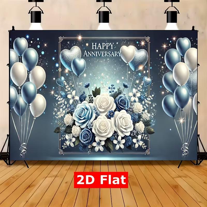 2D Anniversary Photo Backdrop Floral Balloon Party Decor Cloth