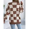 GMXIA Autumn and Winter Color-blocking Checkered Lantern Sleeve Cardigan Sweater Mid-length Coat Women's Wear