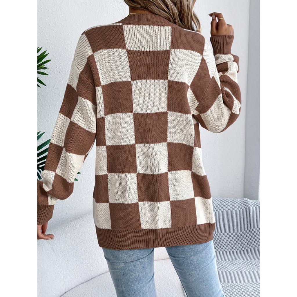 GMXIA Autumn and Winter Color-blocking Checkered Lantern Sleeve Cardigan Sweater Mid-length Coat Women's Wear