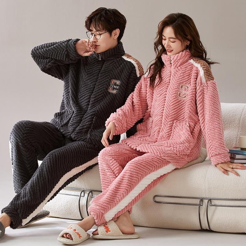 Парный комплект пижамы из кораллового флиса с рисунком - мужская и женская фланель на молнии для осени/зимы