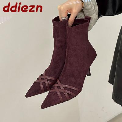 Модная фиолетовая обувь Модные эластичные женские ботильоны Стрейч Женская обувь на каблуке Женские современные короткие ботинки Обувь слипоны