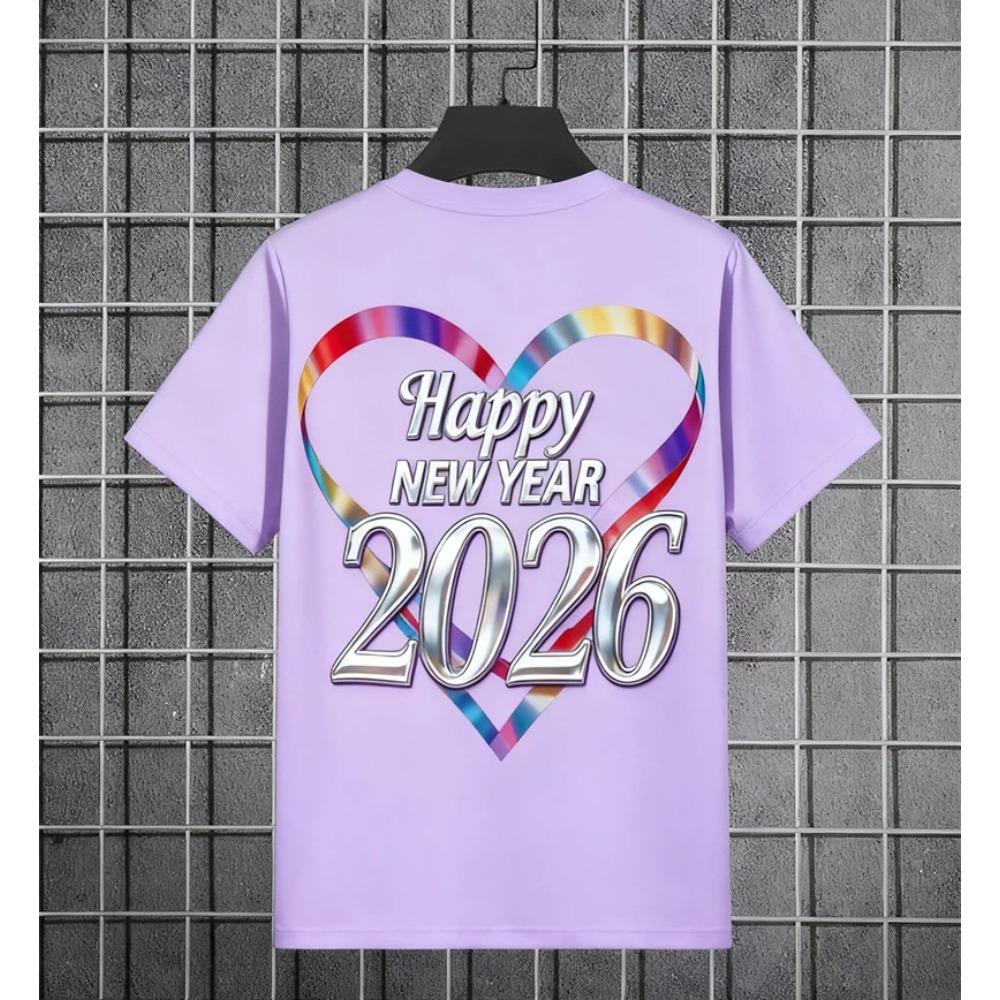 2026 Футболка на Новый год Мода Мужская и женская Счастливого Нового года 2026 Принт Футболка Повседневная с круглым вырезом и коротким рукавом Топ