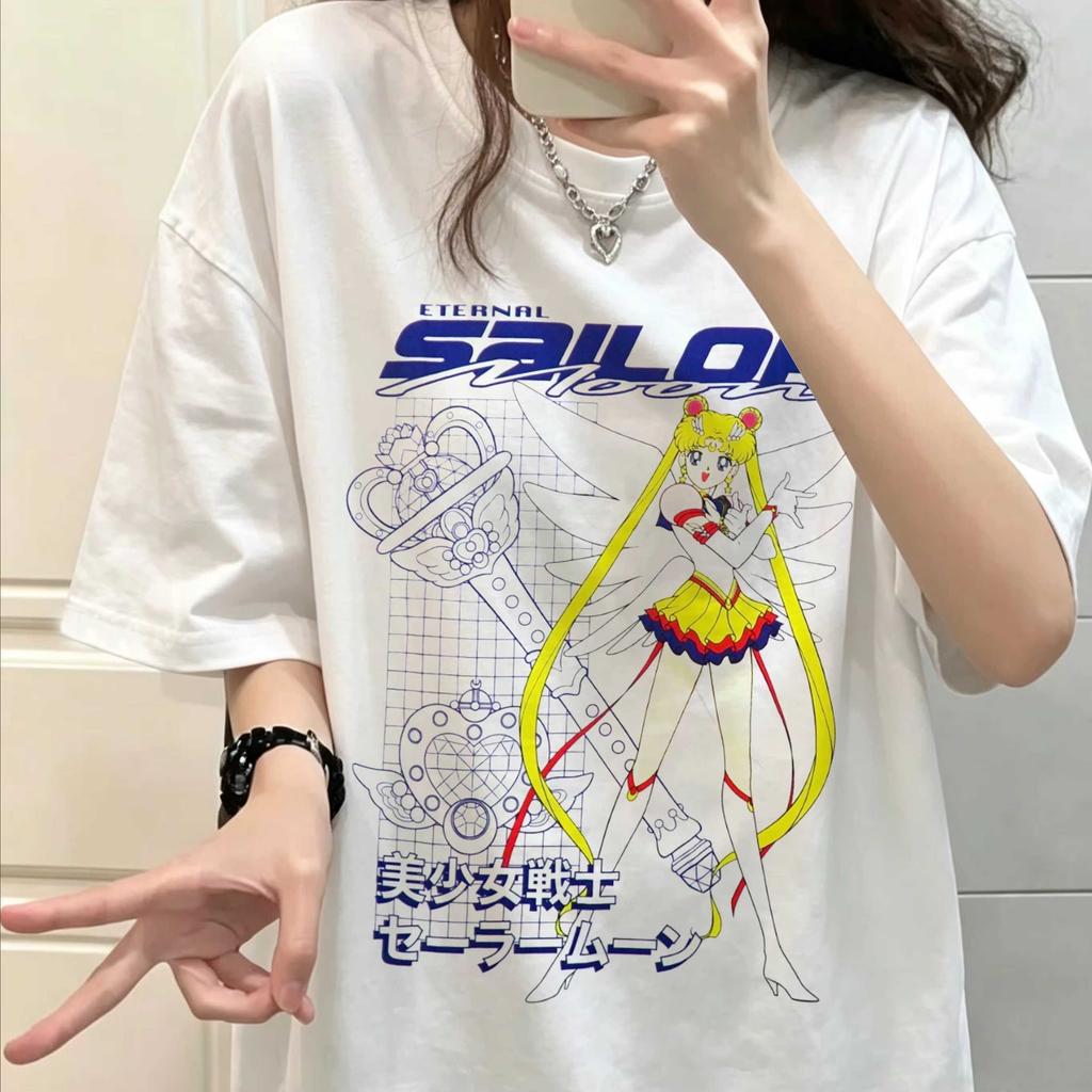 Unisex 2026 Summer Vintage Japanese Anime Sailor Moon Print T-Shirt, Street Style, Harajuku Y2K Cute Couple Comfortable Women And Men T-shirt