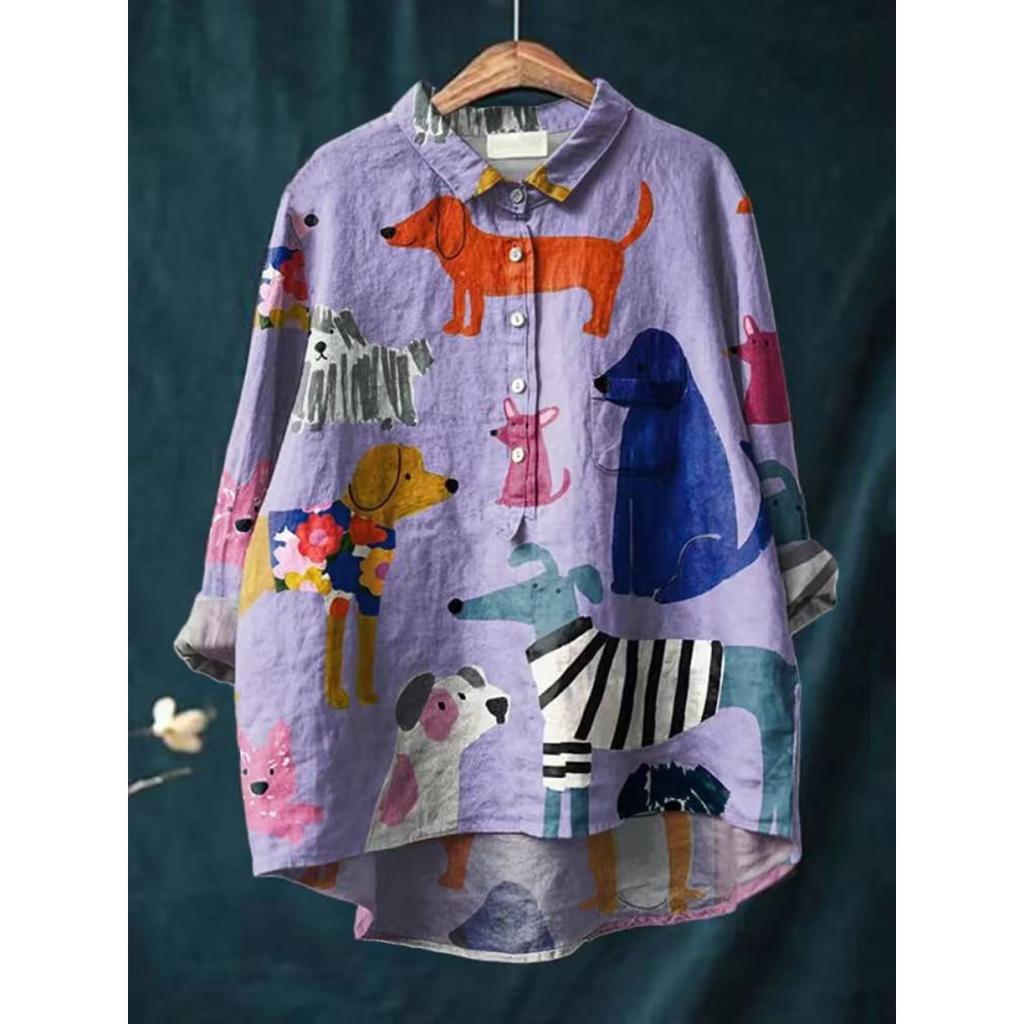 Женская повседневная свободная рубашка на пуговицах с цветочным принтом - Узор 'Косяк рыб'