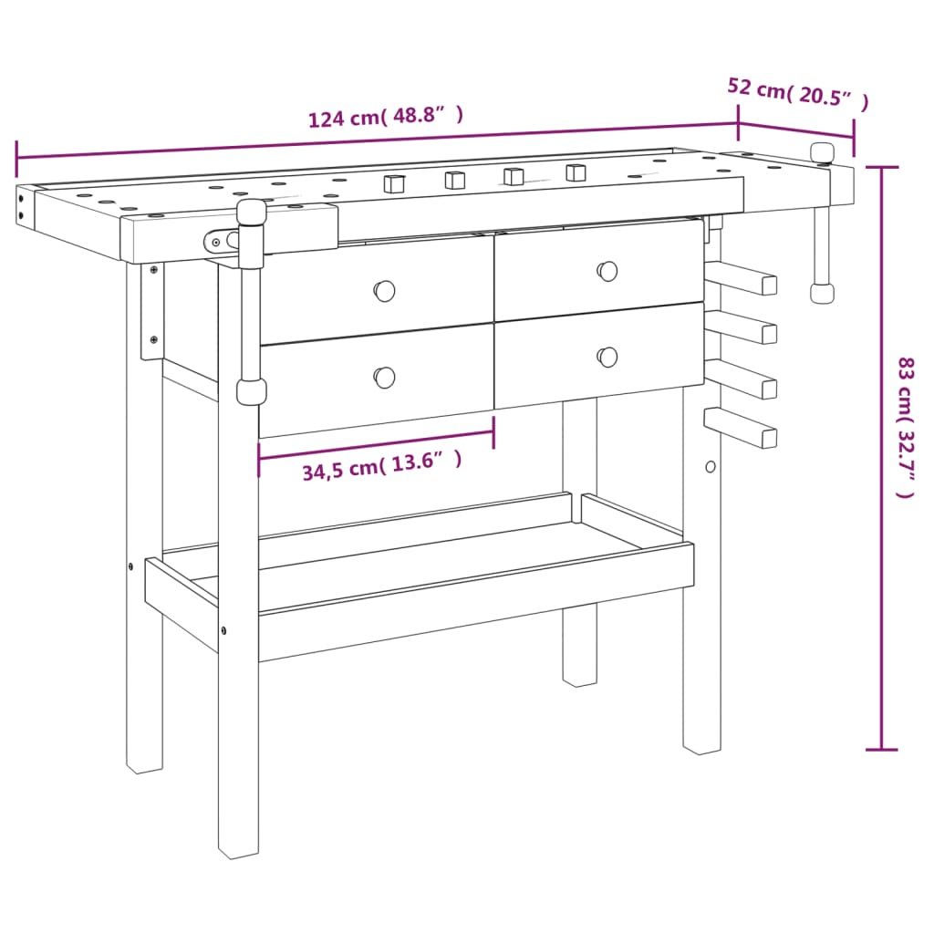 Workbench with Drawers and Bench Vises 124x52x83 cm Acacia Wood