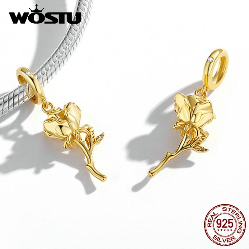 WOSTU Real 925 Sterling Silver Rose Flower Charms Fit Original Bracelet DIY Necklace Pendant Wedding Luxury Jewelry CTC145