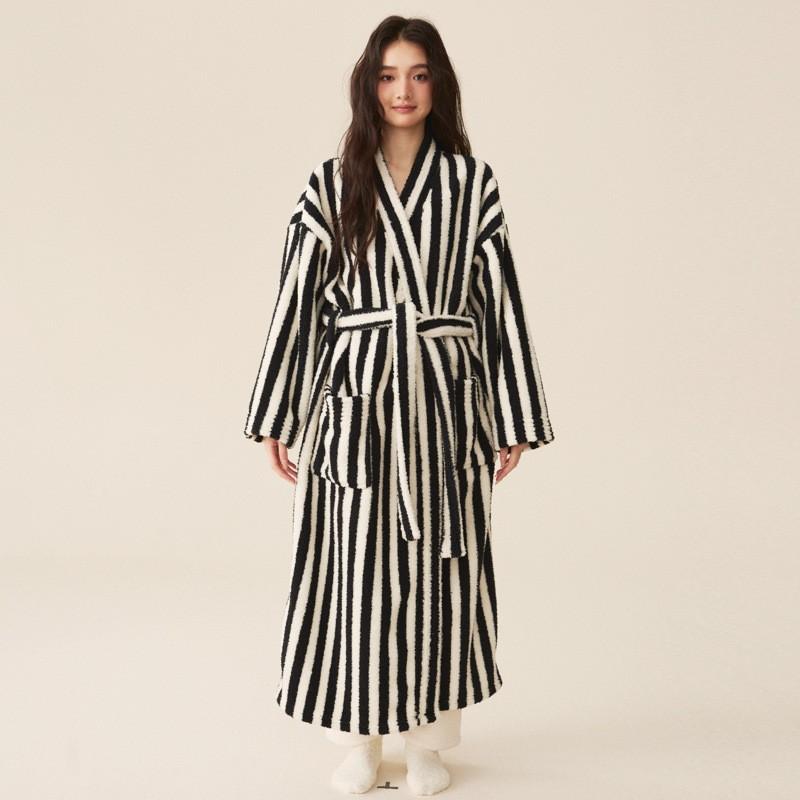 Women Men Flannel Bathrobe Set Thick Warm Loungewear Sleepwear