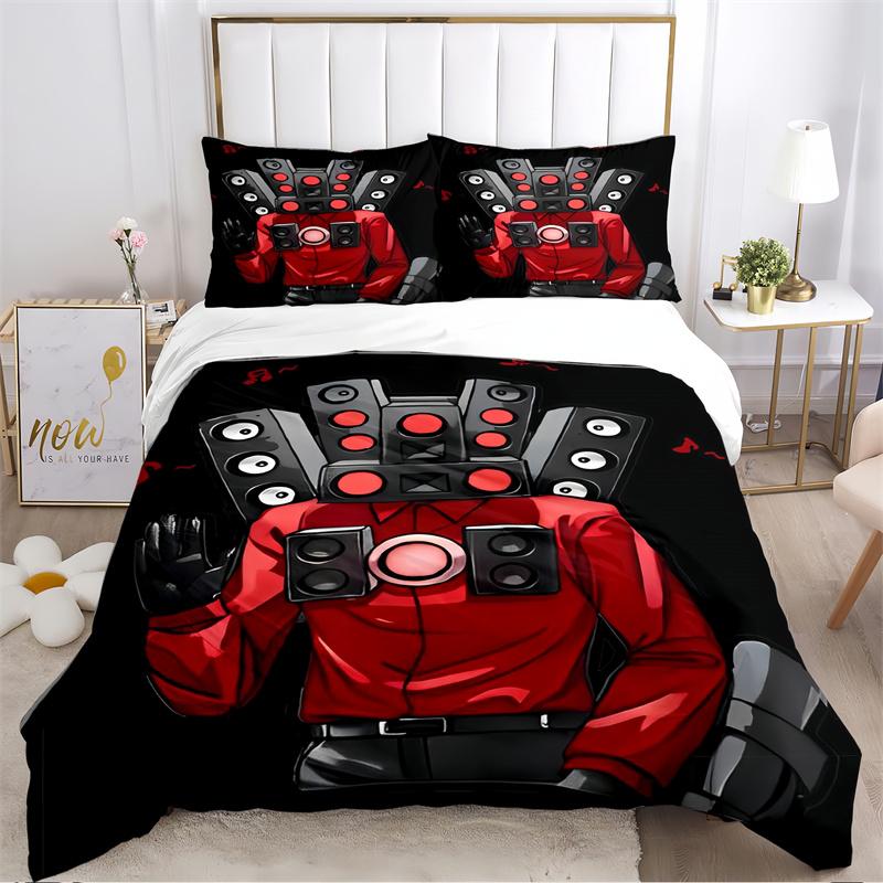 Red Robot Speaker Head Print Bedding Set, Sci-Fi Cartoon Character Bed Linen(1 * duvet cover + 2 * pillowcase, without core)