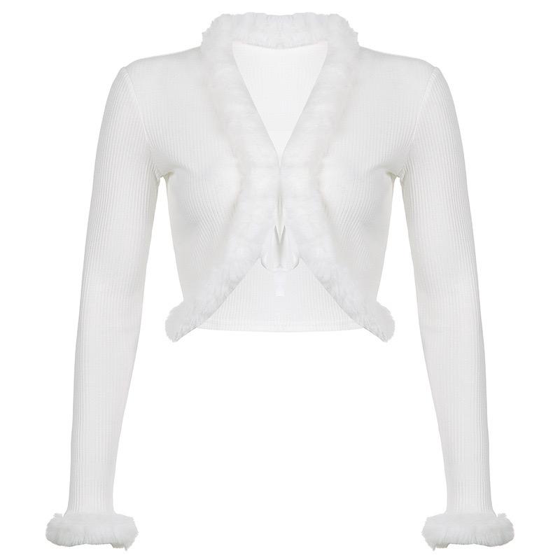 Белая укороченная футболка с длинными рукавами и разрезом в рубчик на шнуровке, осенняя сексуальная повседневная футболка с v-образным вырезом, женская футболка с перьями