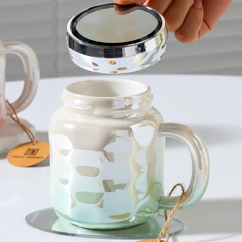 Зеркальная кружка с крышкой, цветная, высококачественная, большая емкость, керамическая кружка с ручкой, креативная кружка в стиле Ins, сувенир, подарок