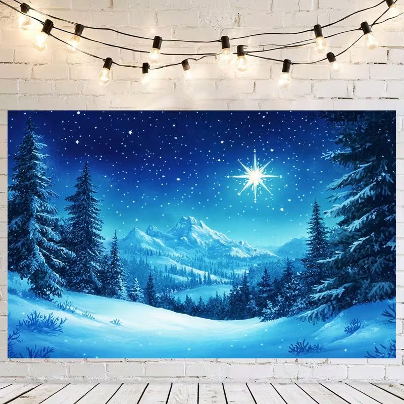 2D Blue Starry Night Winter Scene 2D Background for Kids Photos