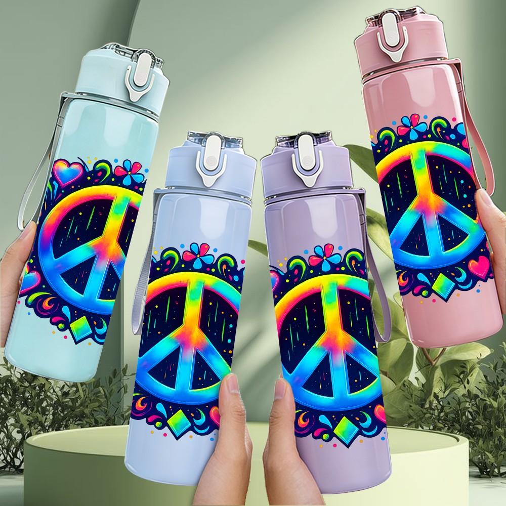 1PC Colorful Peace Sign Flower Wreath 750ml Color Plastic Sports Water Bottle Leakproof Flip Straw Lid Suitable for Sports Office Home Use