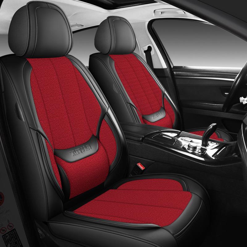 Universal Five-Seater Car Seat Cushion with Leather and Hemp Lumbar Support - All Seasons