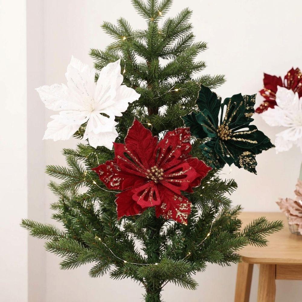 Realistic Velvet Artificial Poinsettia Handmade Holiday Xmas Flower Decor Home Decor