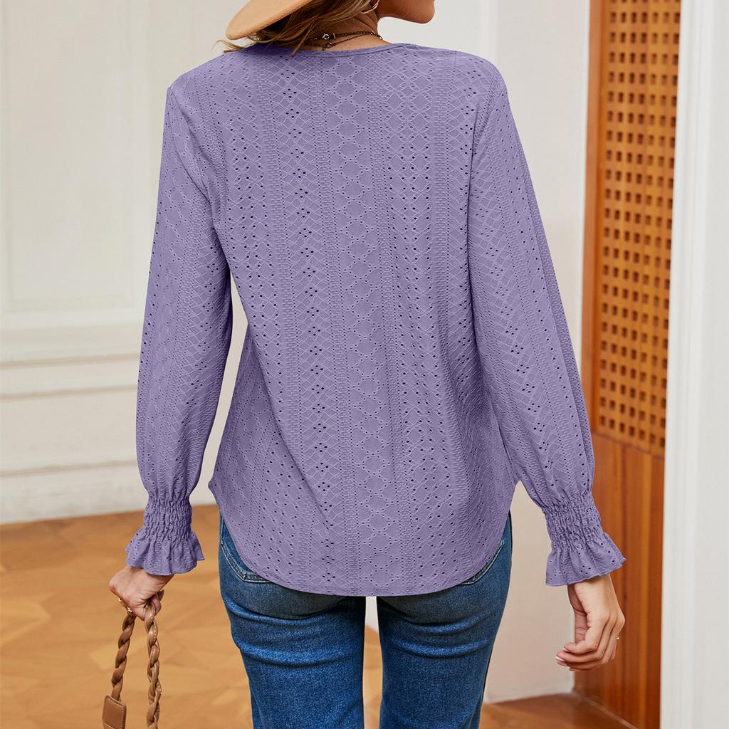 JKASHDK Women's Fashion Casual Summer Spring Solid Color Print Long Sleeve Lace V-Neck Blouses & Shirts Pullovers