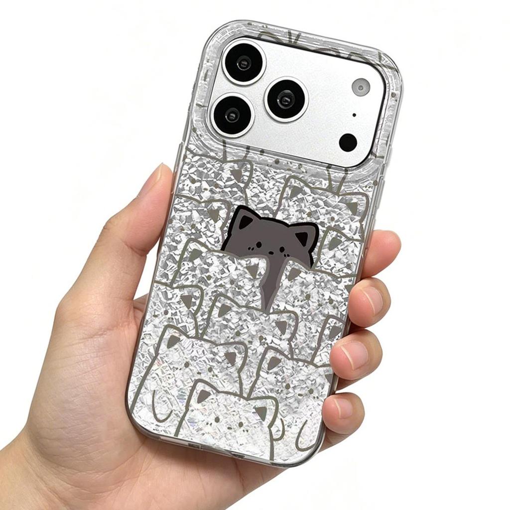 Чехол для iphone XS Max 16 Plus 17 Pro 14 15 11 18 Pro Max 13 Air 12 XR Серебристый Блеск Трескающийся Фон Скрытые Узоры Кошки
