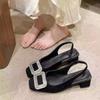 Fashion New Black Luxury Crystal Mid Heels Women Sandals Party Shoes Summer Chunky Slingback Slippers Designer Sexy High Heel Pumps