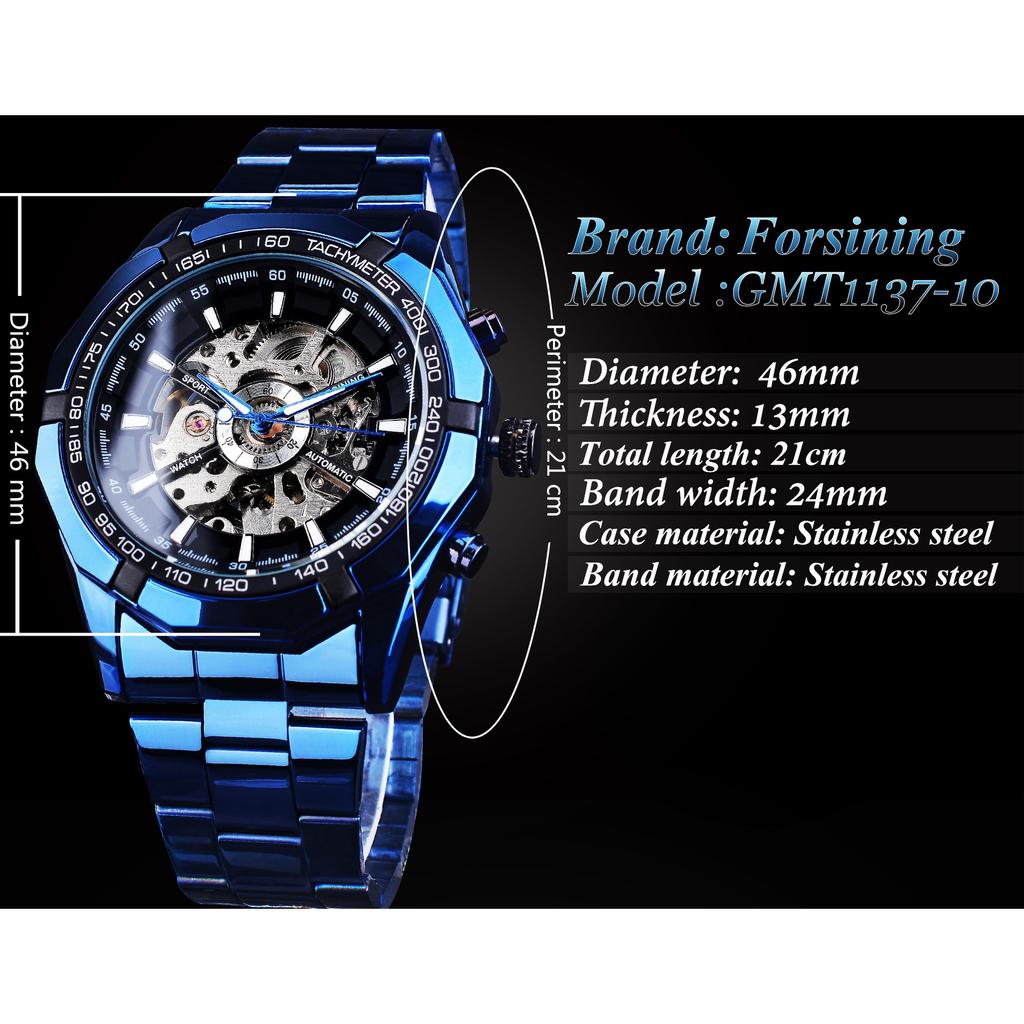 Forsining Men's Fashion Casual Hollow Blue Electroplated Automatic Mechanical Watch GMT1137-10-A