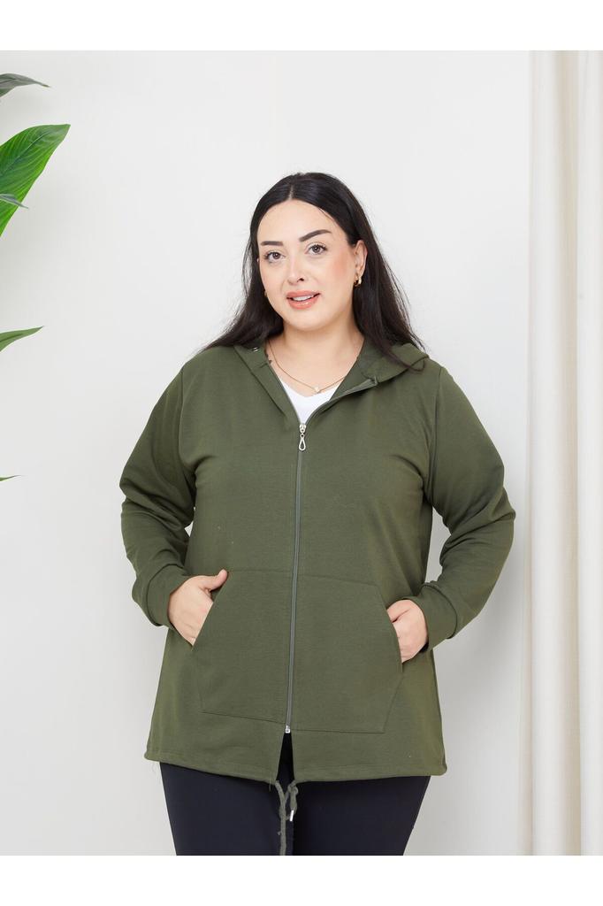 Женский стиль, толстовка большого размера, большой размер, модель на молнии с капюшоном, 2 кармана, длинный зеленый Спортивный и повседневный свитшот зеленого цвета
