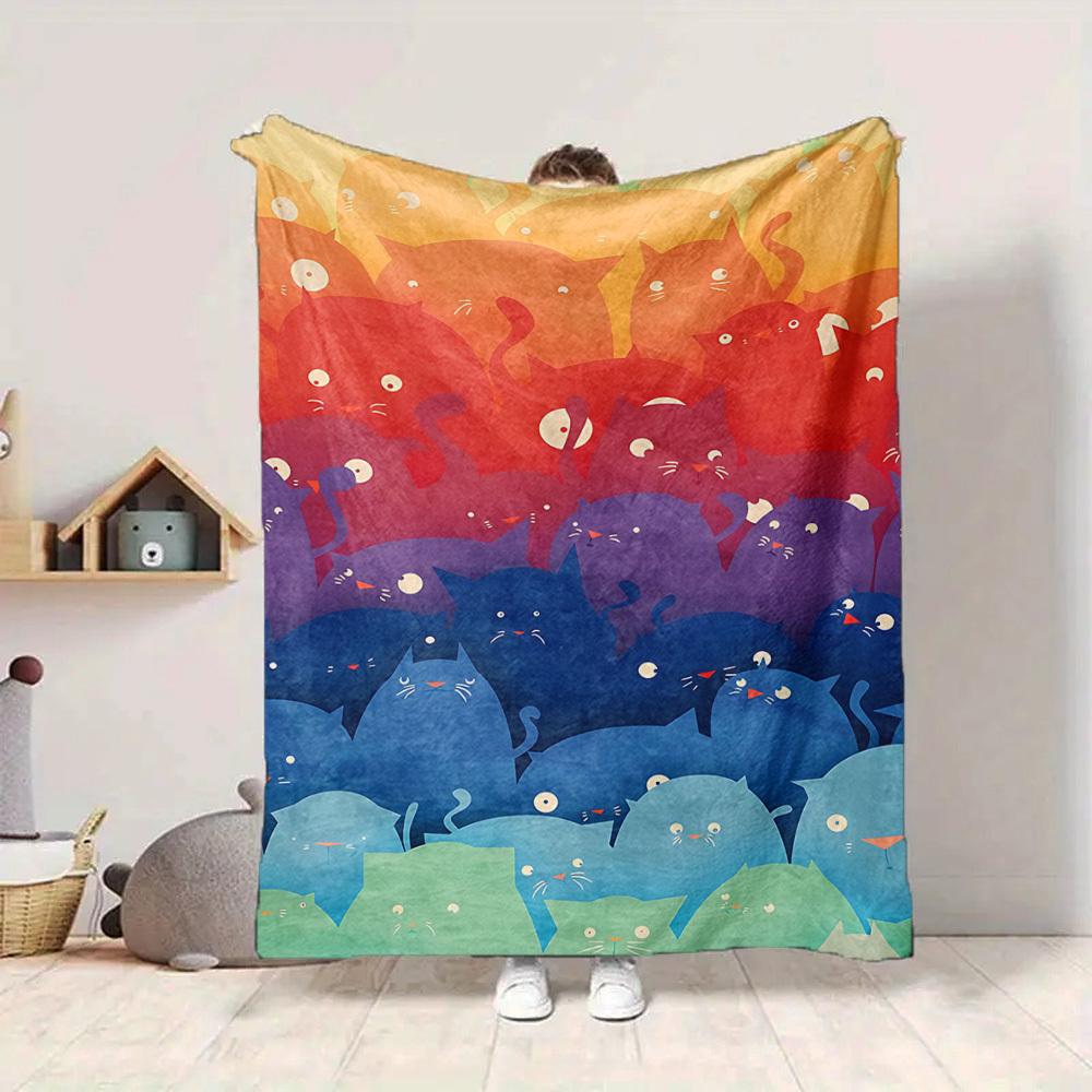 1pc Cat Rainbow Lightweight Flannel Blanket, Comfortable and Warm Blanket, for Office and Camping Sofa Bed, Livingroom129