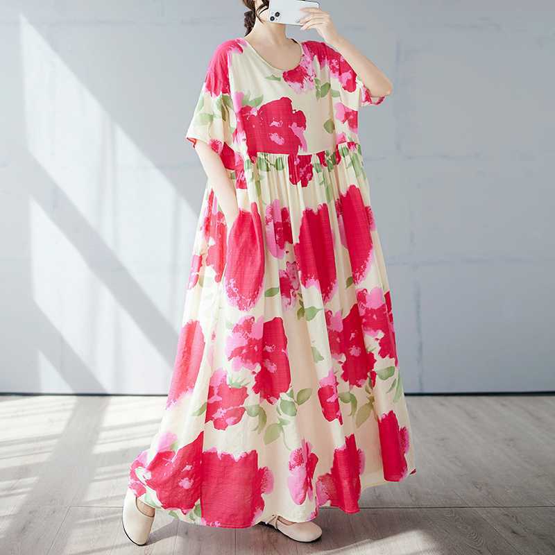 Простая и модная длинная юбка, летнее платье с короткими рукавами и круглым вырезом с принтом