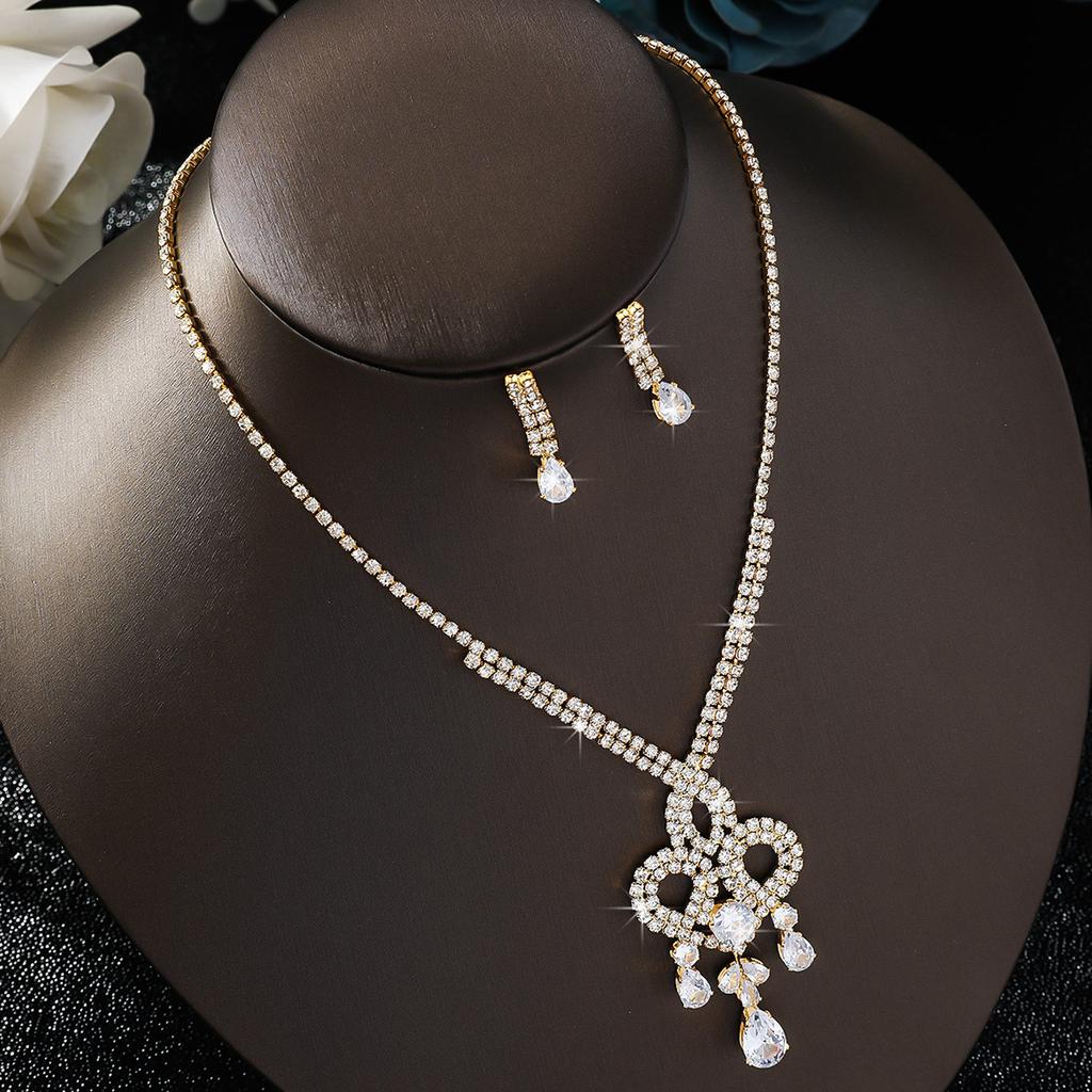 3PC Women's Fashion Copper Inlaid Diamond Claw Chain Water Drop Necklace Earring Set, Suitable for Wedding, Party, Festival Gift