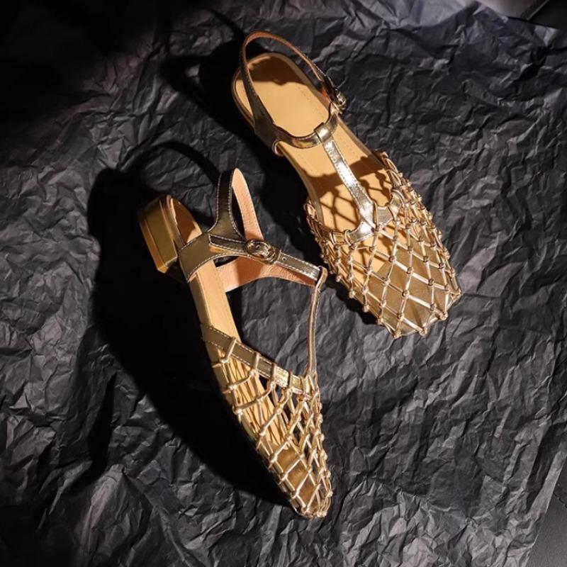 Мода 2025 Женские туфли на толстом каблуке Летние новые с квадратным носком, с мелким вырезом, сетчатые, с перфорацией, противоскользящие, износостойкие сандалии