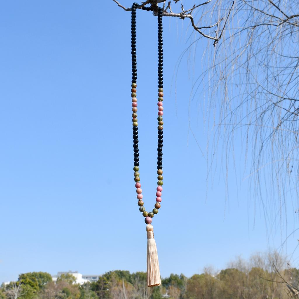 108 Mala Beads Long Necklace Boho Style Tassel Pendant Natural Stone Rhodochrosite Unakite Black Onyx Handmade Zircon Gift