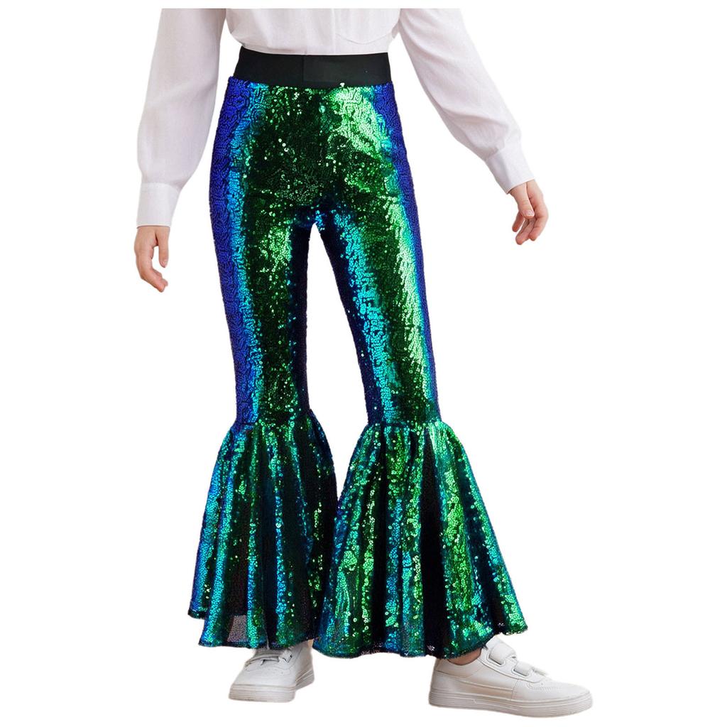 Привлекательные расклешенные танцевальные брюки для девочек: Дизайн с блестящими пайетками по всей длине ноги и эластичным поясом для свободы движений