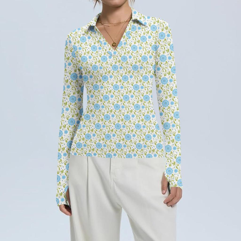 Женская Мода Повседневный Принт V-образный Вырез Длинный Рукав Застежка на Пуговицы Топ