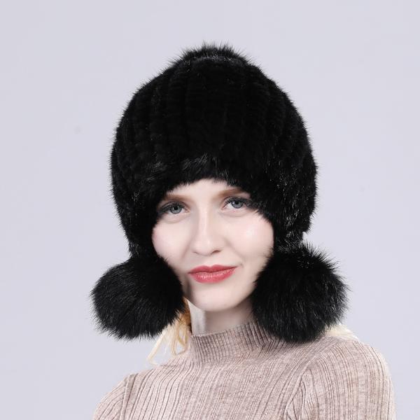 Women Winter Thick Real Mink Fur Hat with Fox Fur Pompoms Knitted Natural Fur Cap Lady Outdoor Warm 100% Real Mink Fur Hats