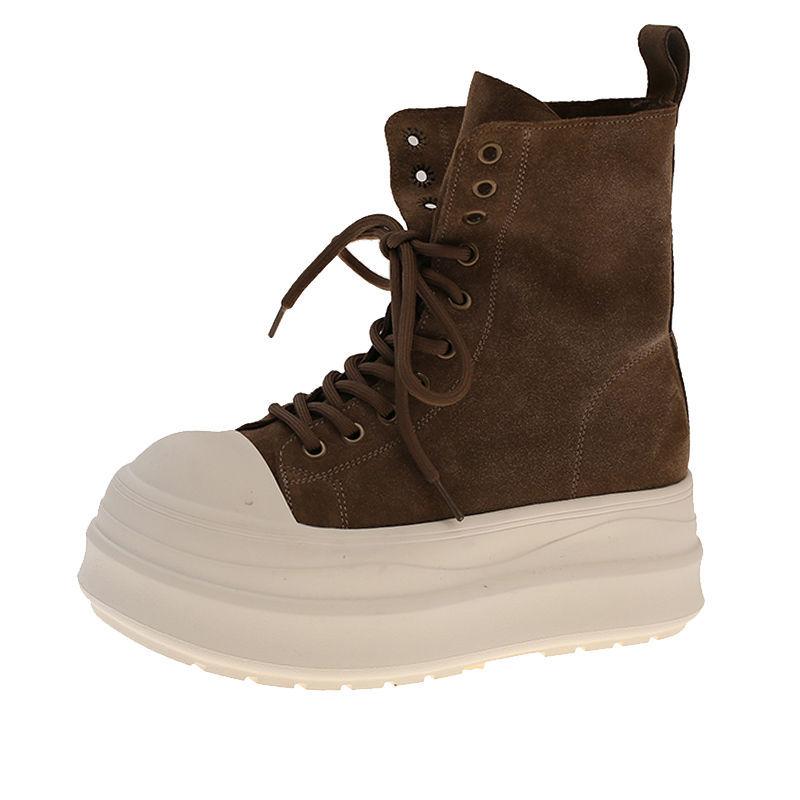 Retro Lapel Lace-up Muffin Platform High-top Shoes Women's Martin Boots New Small Height-increasing Casual Shoes