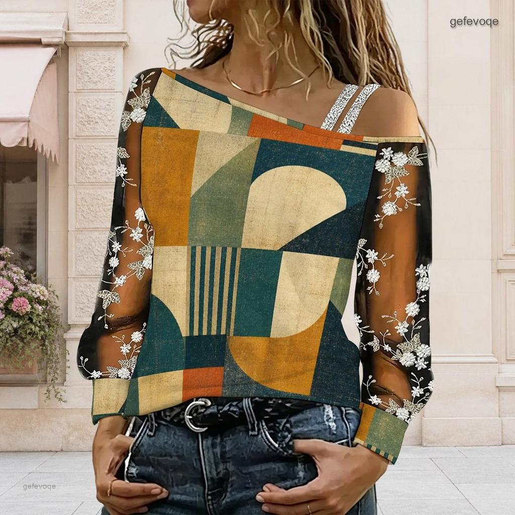Women Plus Size Asymmetric Cold Shoulder Long Sleeve Geometric Printed Floral Embroidery Mesh T Shirt