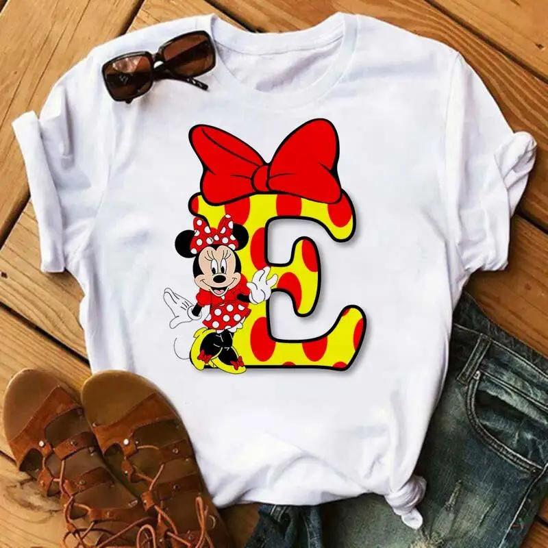 Kawaii Ladies Tees Disney Cartoon Mickey Mouse Letter Minnie T-shirt White Short-sleeved Women 90S Tops Summer Loose Blouse