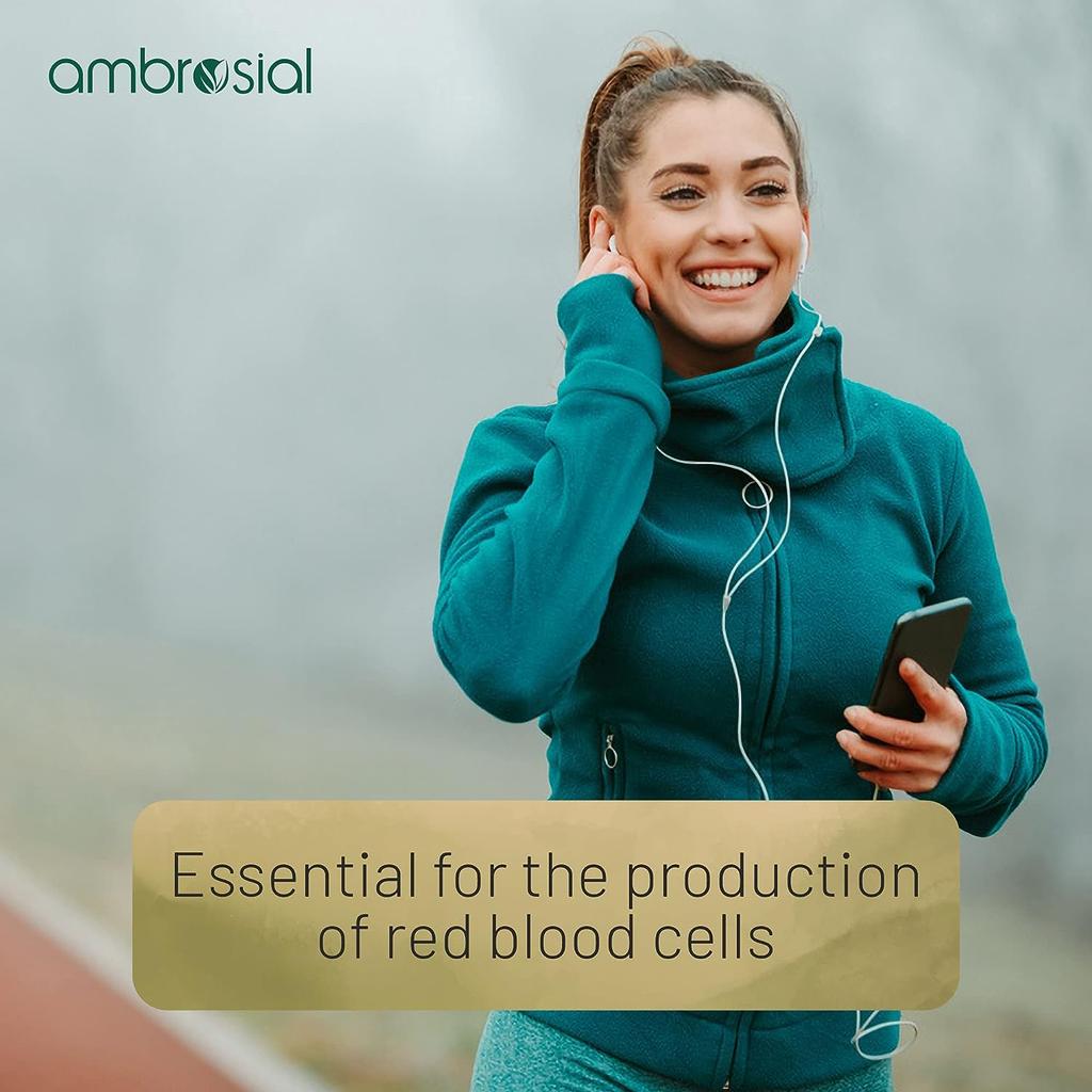 Ambrosial Vitamin B12 1000 мкг + 500 мкг фолиевой кислоты | 1500 мкг | Добавка B12 | Поддержка иммунной системы, энергии и мозга (Упаковка 1-60 капсул)