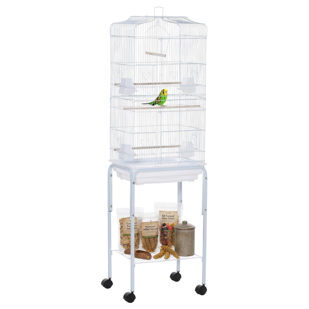 Bird Cage, Metal and Steel Aviary with Wheels, Perches and Bowls, 46.5x36x157cm, White