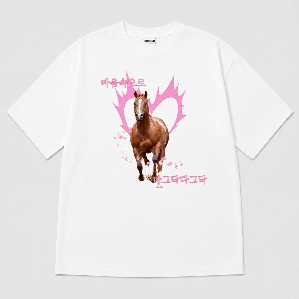 Korean Retro YK Horse Themed Casual Streetwear T Shirt Unisex Loose Oversized Casual Streetwear Cotton Summer Graphic Tee